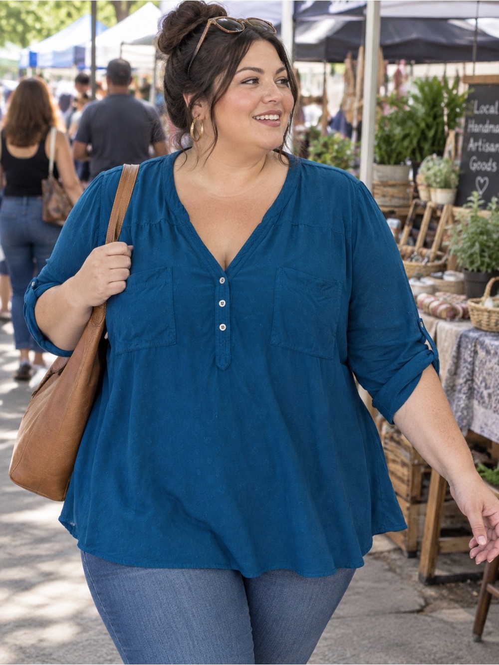 Torrid Blue Henley Roll-Tab Sleeve Blouse Size 3X